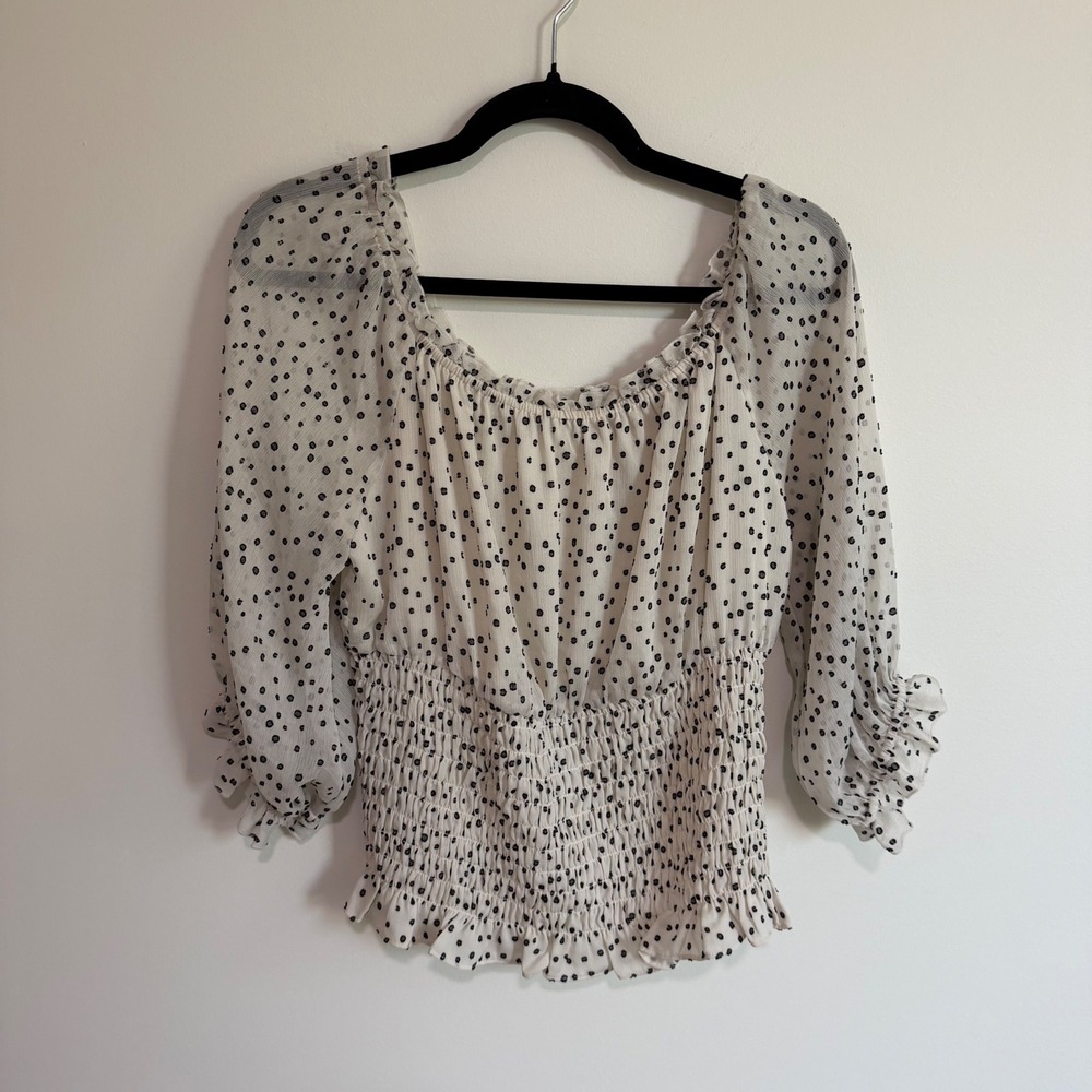 Anthropologie Polka Dot Smocked Waist Blouse White Black OB983213 Large